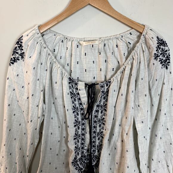 Zara Basic Boho Tunic Top Blouse Oatmeal Navy Blue Embroider Tassel Bib XS - Picture 6 of 8